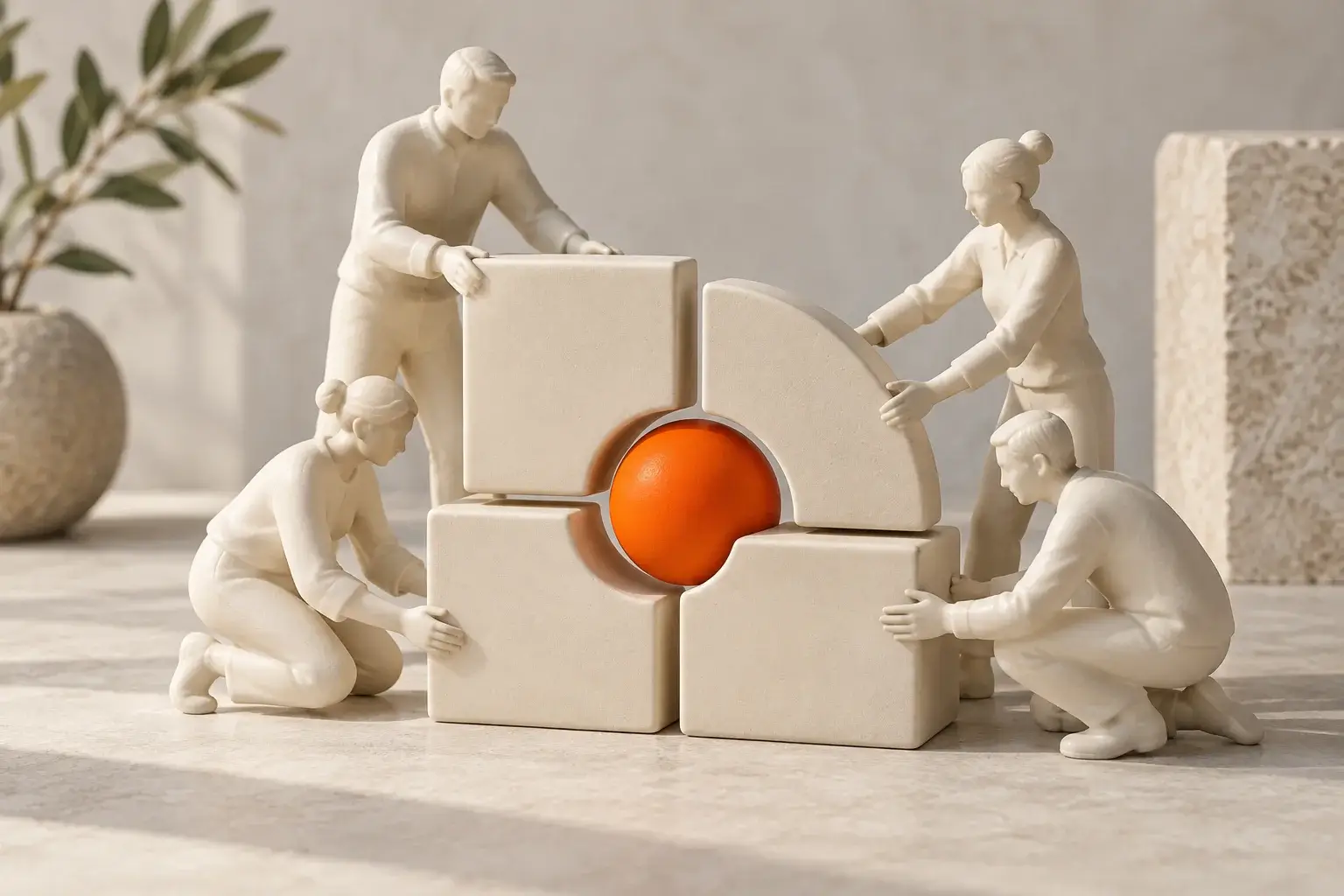 Keramikfiguren gestalten gemeinsam eine modulare Struktur mit orangefarbenem Mittelpunkt