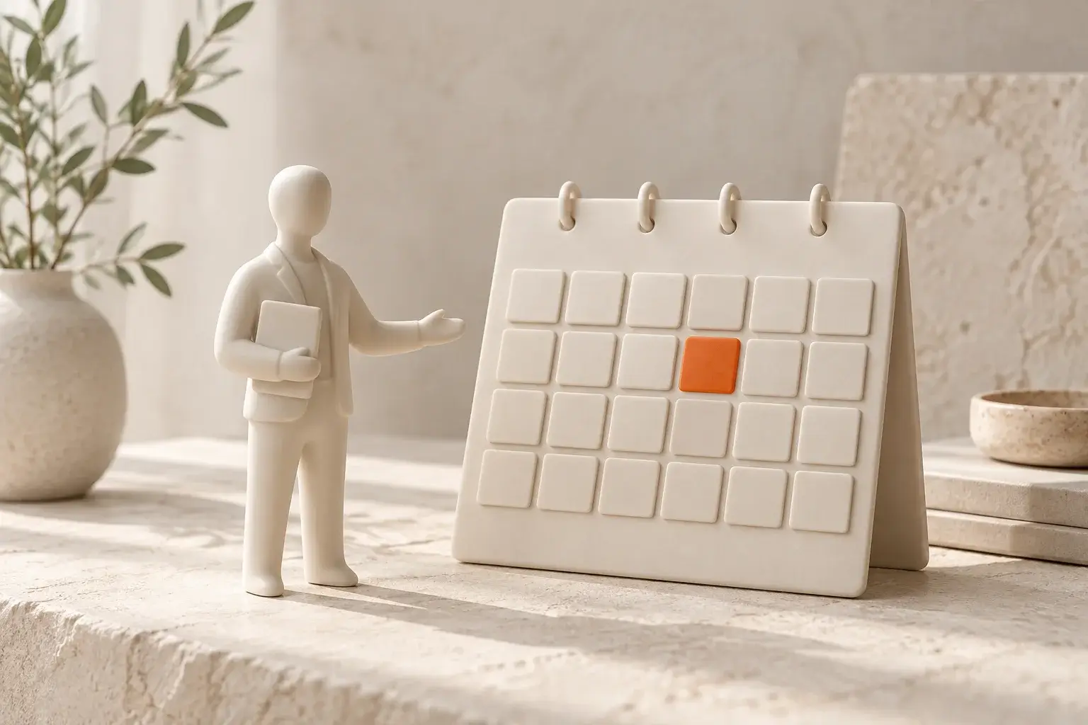 Keramikfigur neben einem Kalender aus Kacheln mit orangefarbenem Termin
