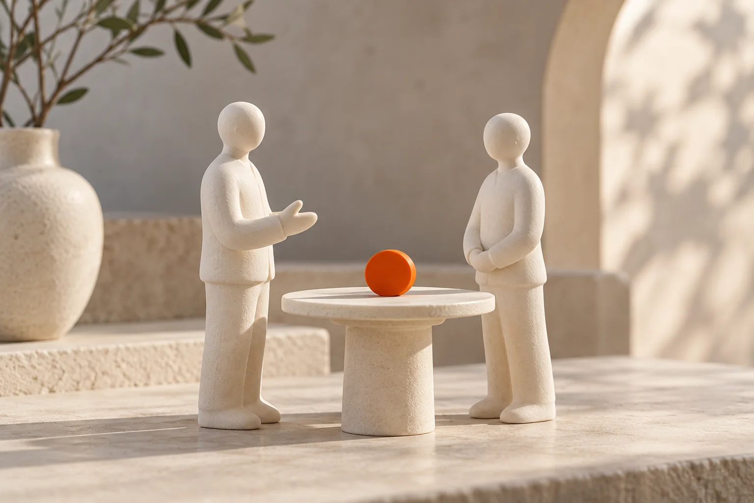 Zwei Keramikfiguren im Gespräch an einem Tisch mit orangefarbenem Akzent