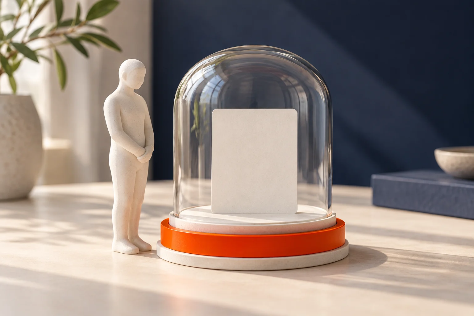Datenschutz und Sicherheit mit AdviceHub Keramikfigur neben geschützter Karte unter Glas mit orangefarbenem Ring