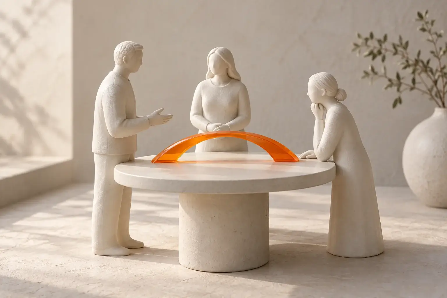 Drei Keramikfiguren um einen Tisch mit orangefarbener Verbindung