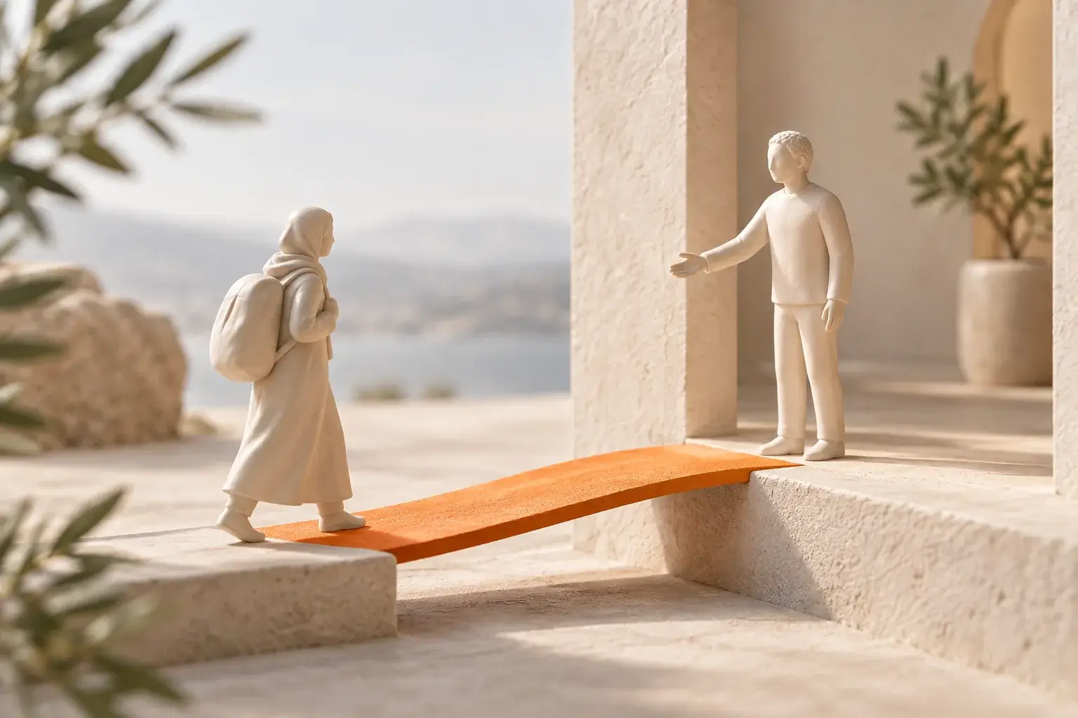 Keramikfiguren begegnen sich an einer Brücke mit orangefarbenem Weg