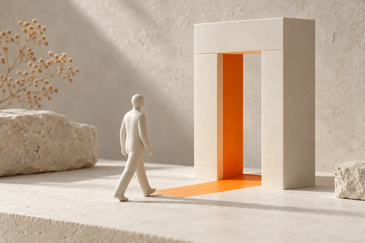 Keramikfigur vor einem offenen Portal mit orangefarbenem Zugang