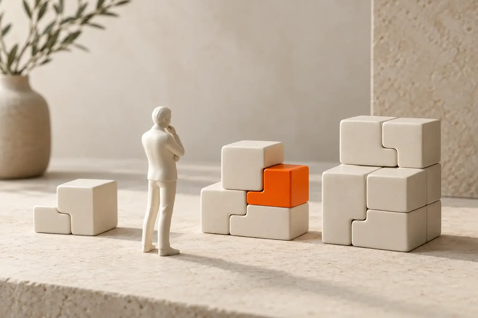 Keramikfigur neben unterschiedlich großen modularen Bausteinen mit orangefarbener Verbindung