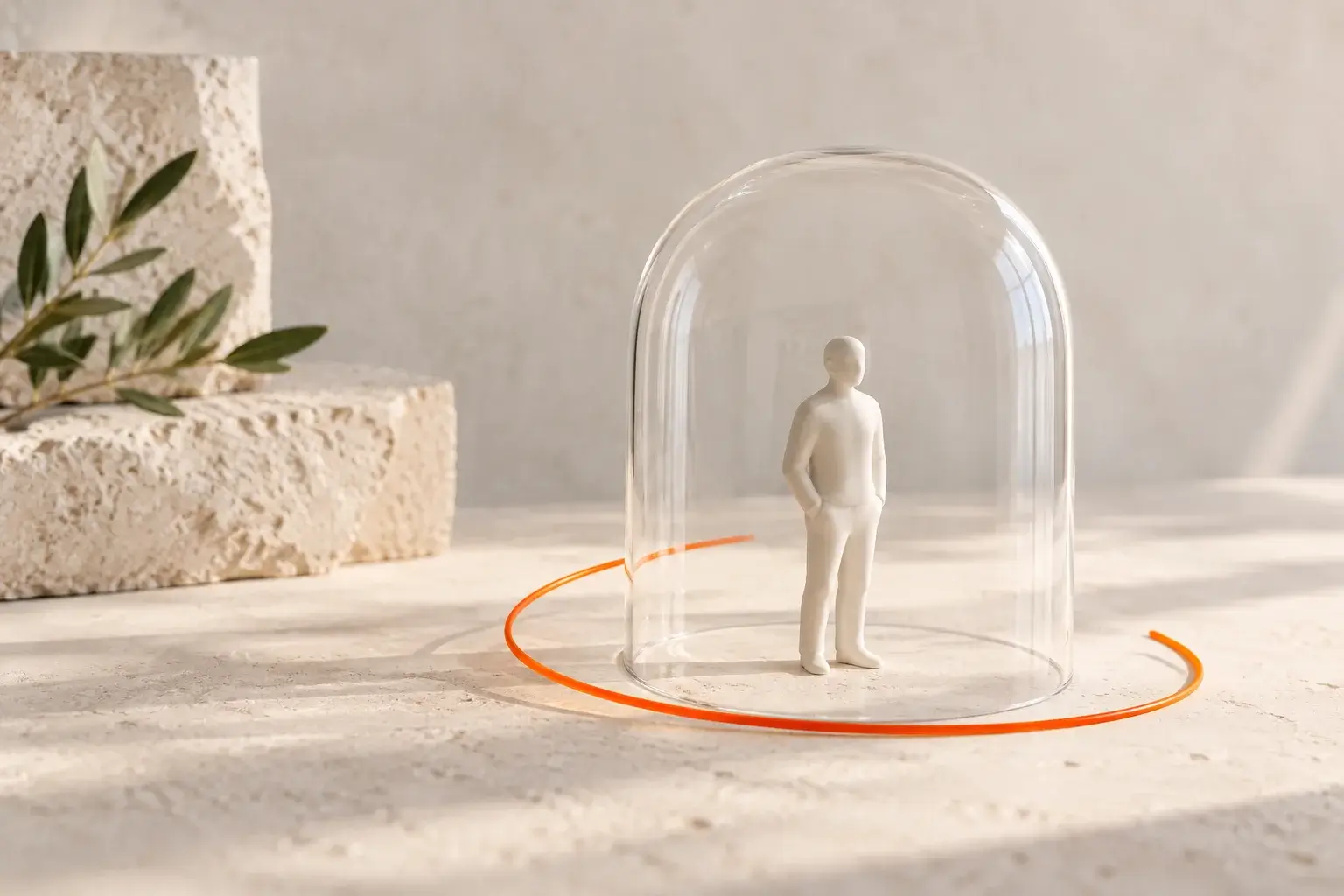 Keramikfigur in einem geschützten Glasraum mit orangefarbener Umrandung