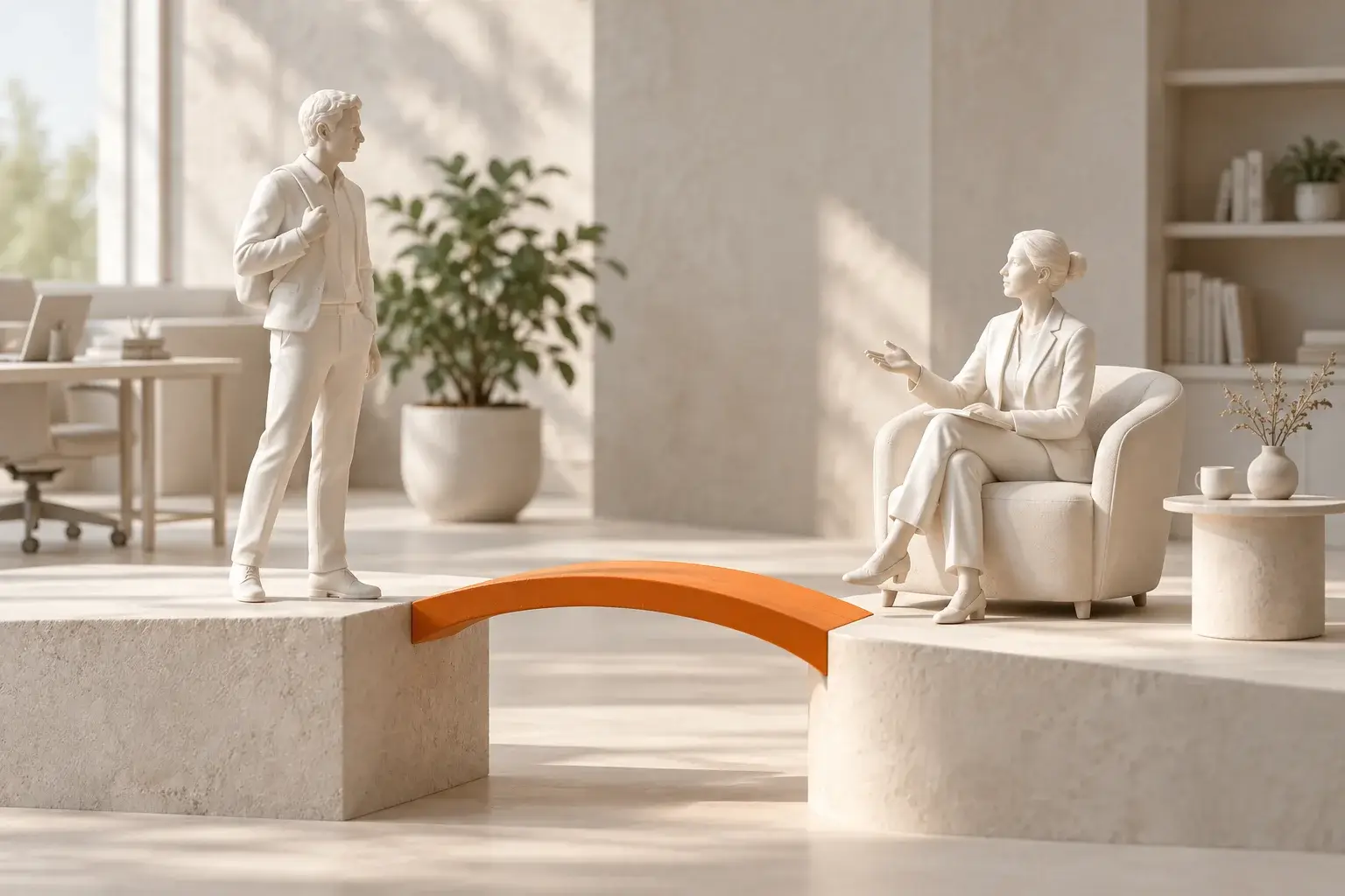 Zwei Keramikfiguren in einem ruhigen Arbeitsumfeld mit orangefarbener Verbindung